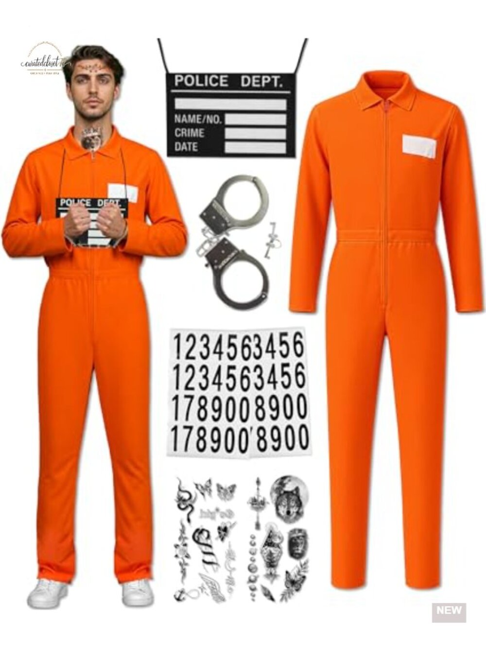 Men Prisoner Costume Jumpsuit Set Halloween Cosplay Handcuffs Nameplate